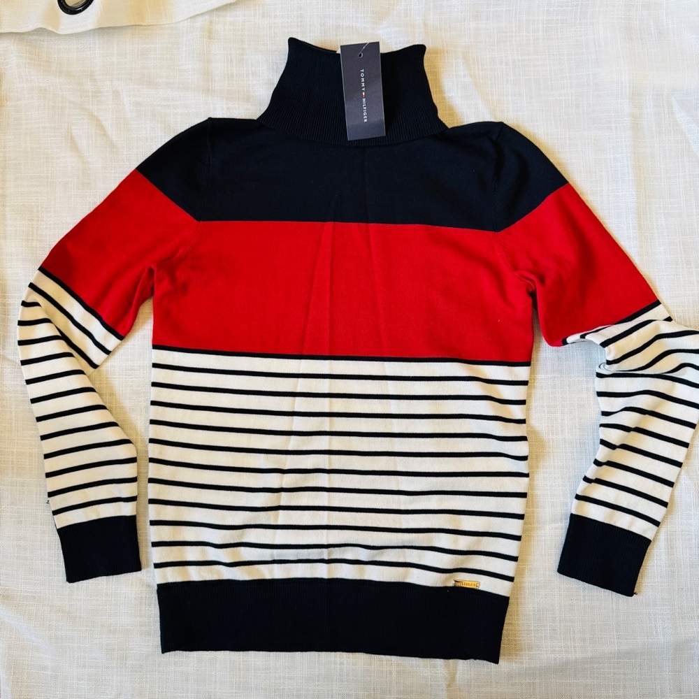 NWT Tommy Hilfiger Women Red and Black Striped Sweatshirt size XS